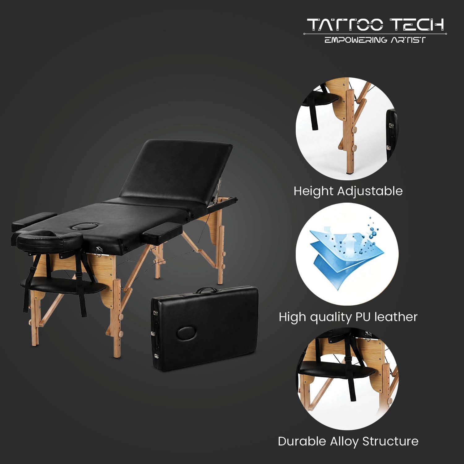 Tattoo & Massage Bed – Adjustable Folding with Back Support | Wooden Frame