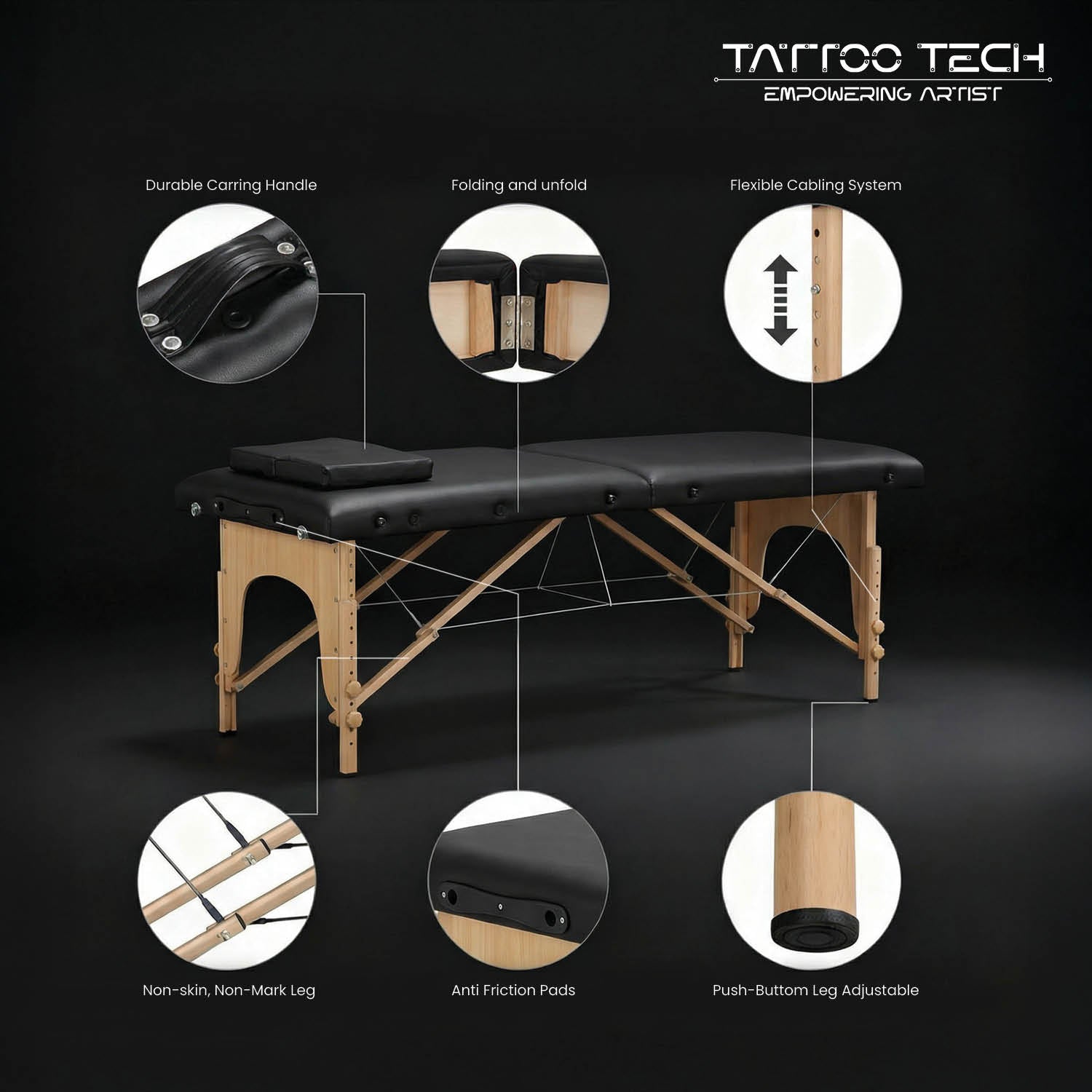 Tattoo & Massage Bed – Adjustable Folding with Back Support | Wooden Frame