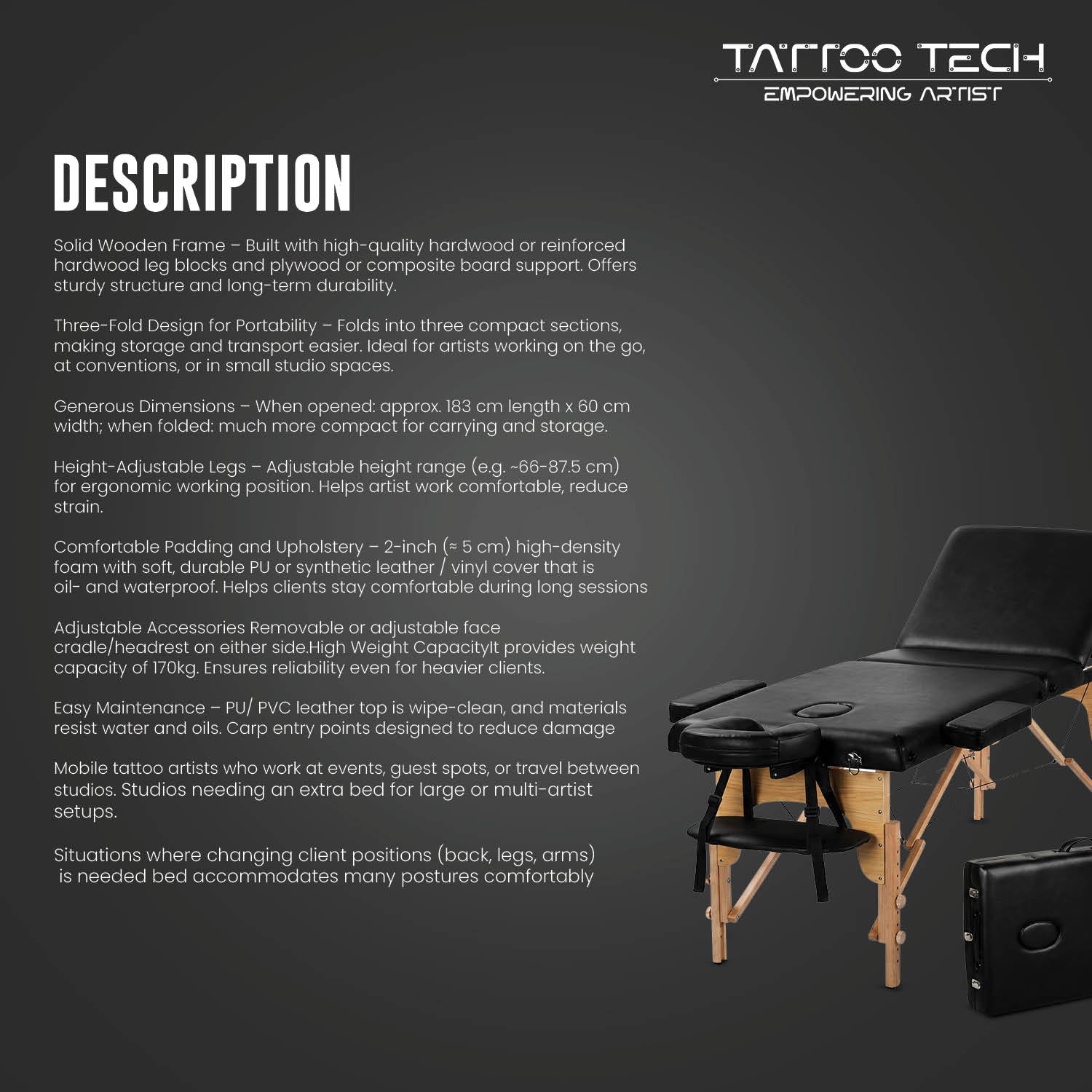 Tattoo & Massage Bed – Adjustable Folding with Back Support | Wooden Frame