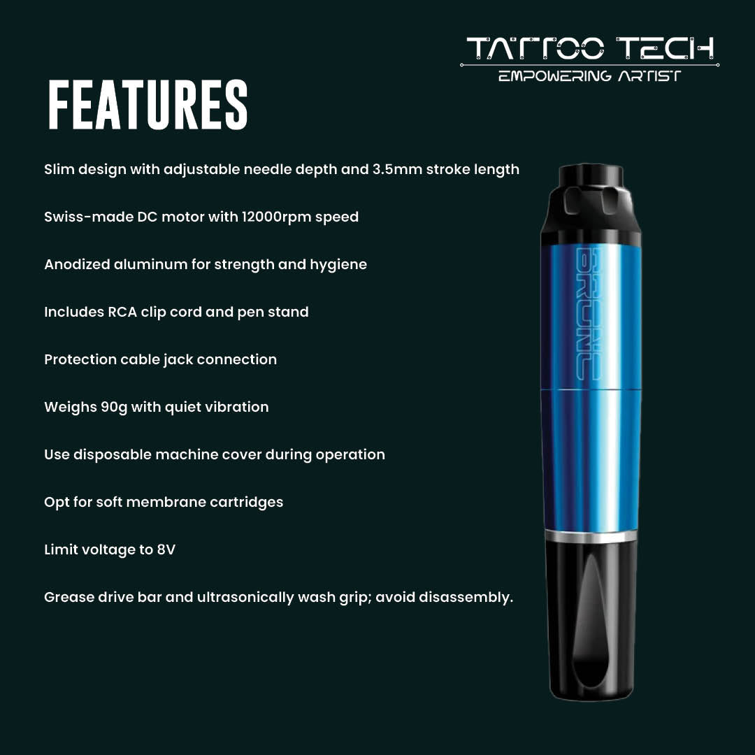 A tattoo machine pen shown on a dark teal background