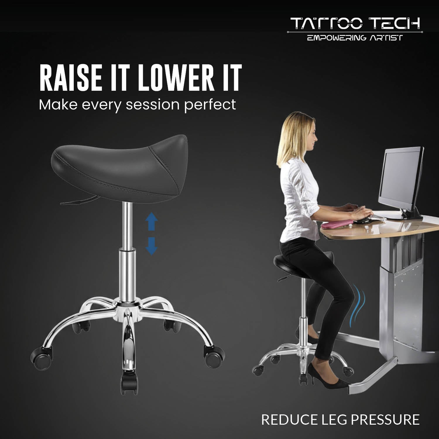 Saddle-Shaped Adjustable Wave Seat – Tattoo Stool Chair (Model 9908)