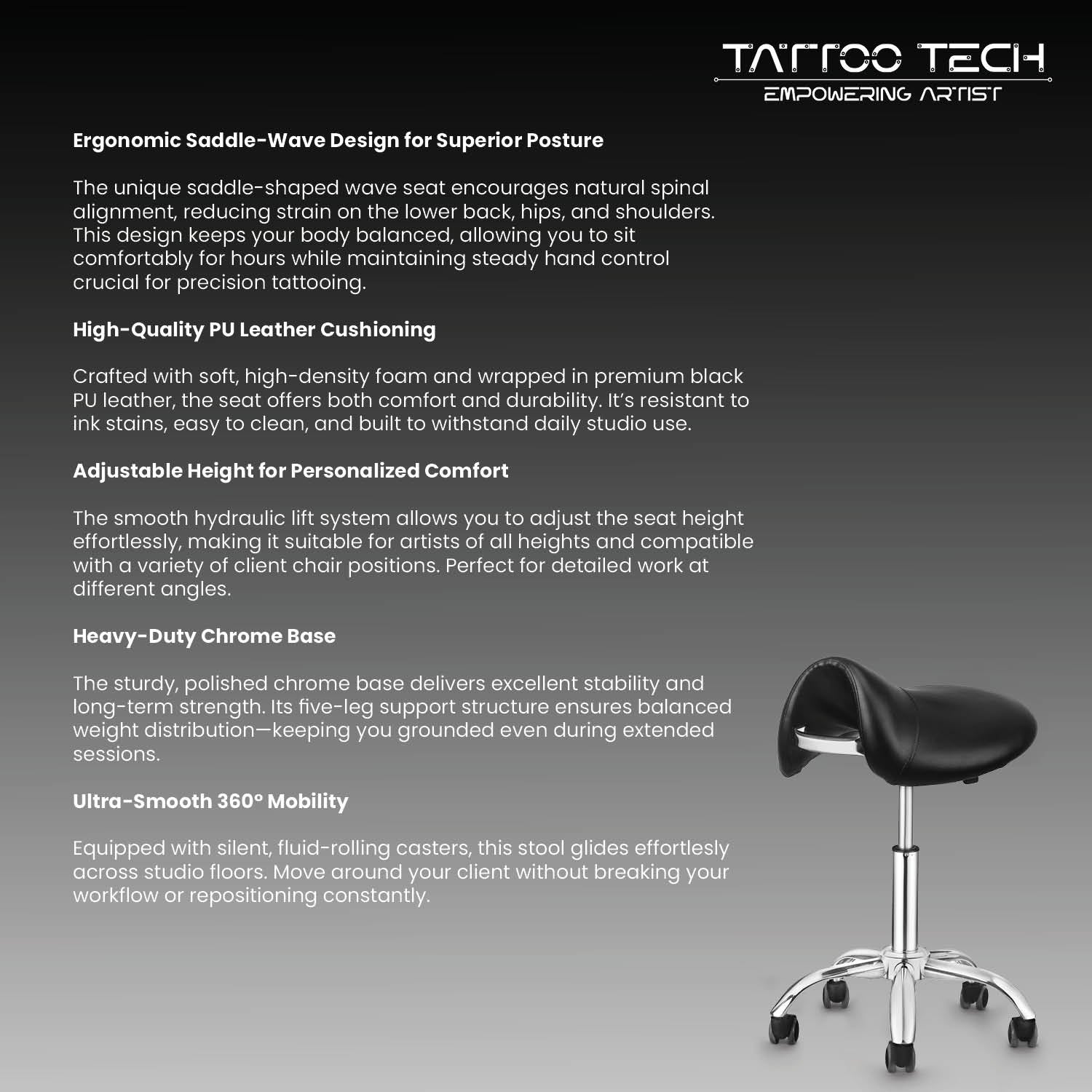 Saddle-Shaped Adjustable Wave Seat – Tattoo Stool Chair (Model 9908)