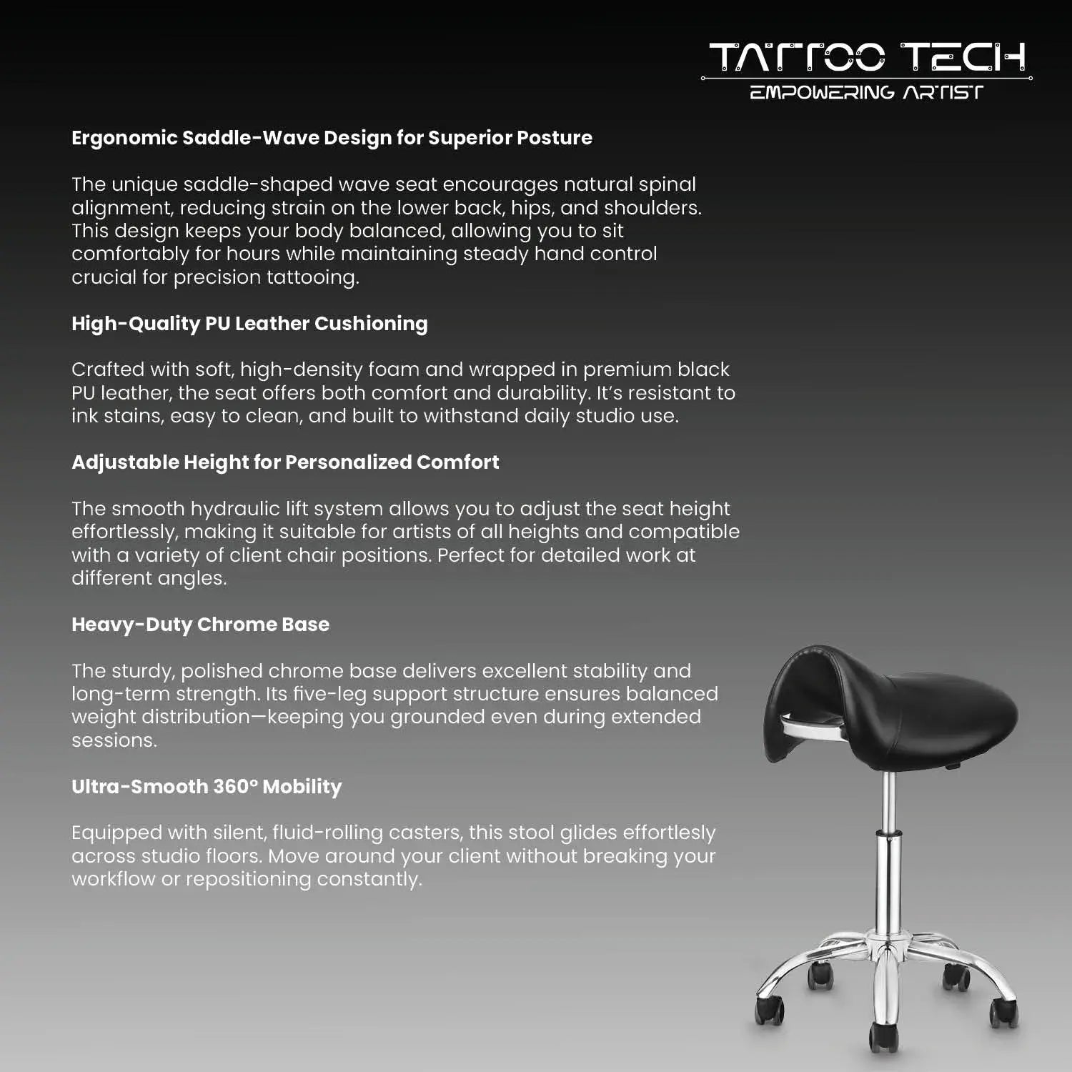 Saddle-Shaped Adjustable Wave Seat – Tattoo Stool Chair (Model 9908)