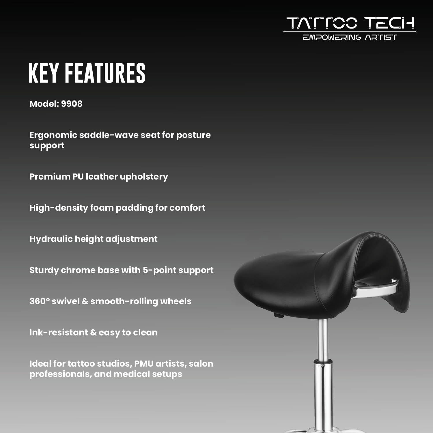Saddle-Shaped Adjustable Wave Seat – Tattoo Stool Chair (Model 9908)