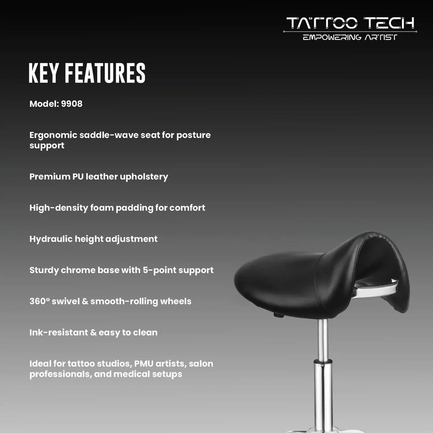 Saddle-Shaped Adjustable Wave Seat – Tattoo Stool Chair (Model 9908)