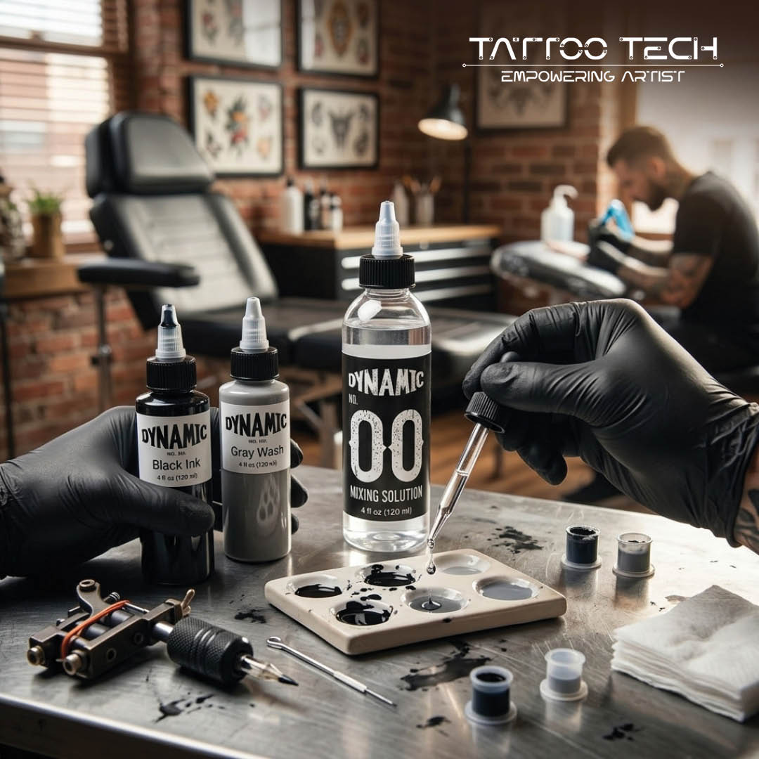 Tattoo ink and solution bottles on a metal worktable in a tattoo studio,