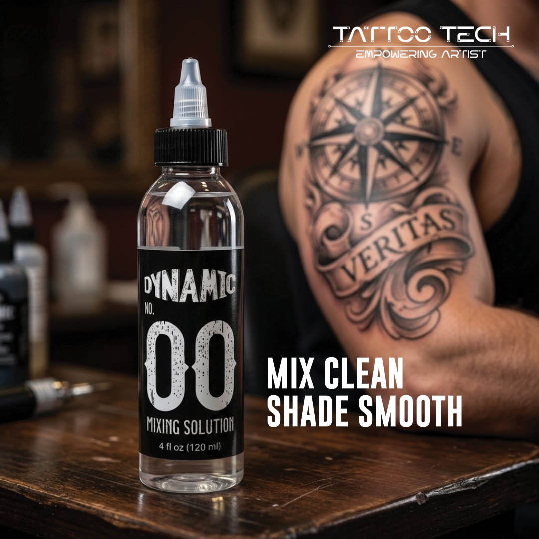 A clear bottle of tattoo ink mixing solution labeled 'DYNAMIC NO.