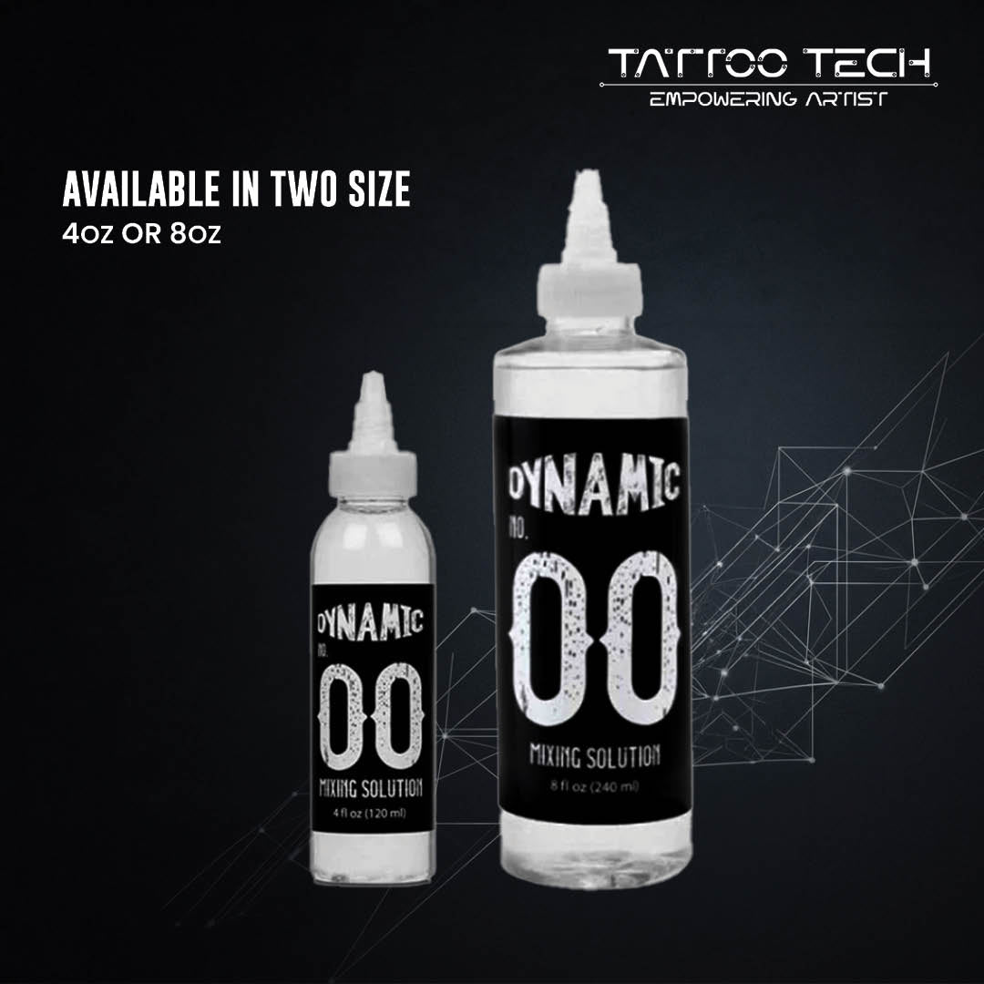 Two squeeze bottles of Tattoo Tech Dynamic No. 00 Mixing Solution shown in 4oz and 8oz sizes