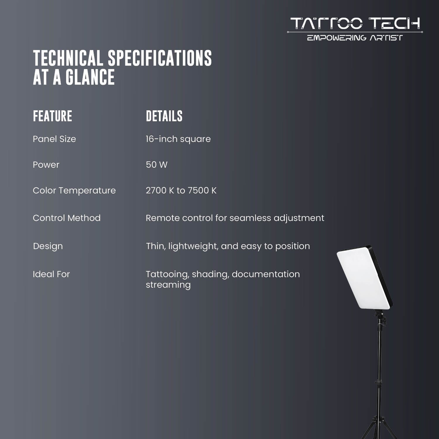 Inch Adjustable Square Lamp for Tattoo Studio