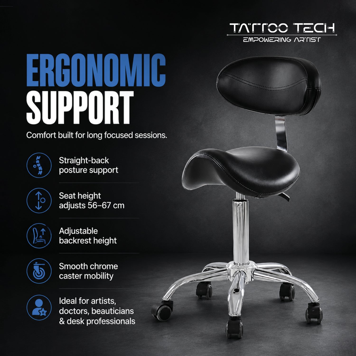 Saddle Tattoo Rolling Chair with Adjustable Height 9938