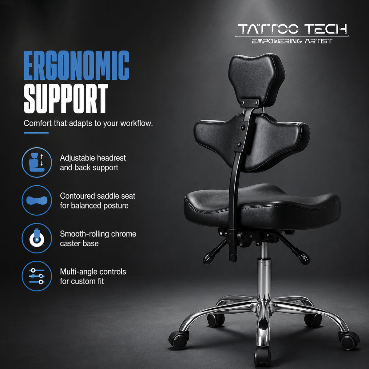 Tattoo Rolling Chair Seat with Back and Head Support 9973