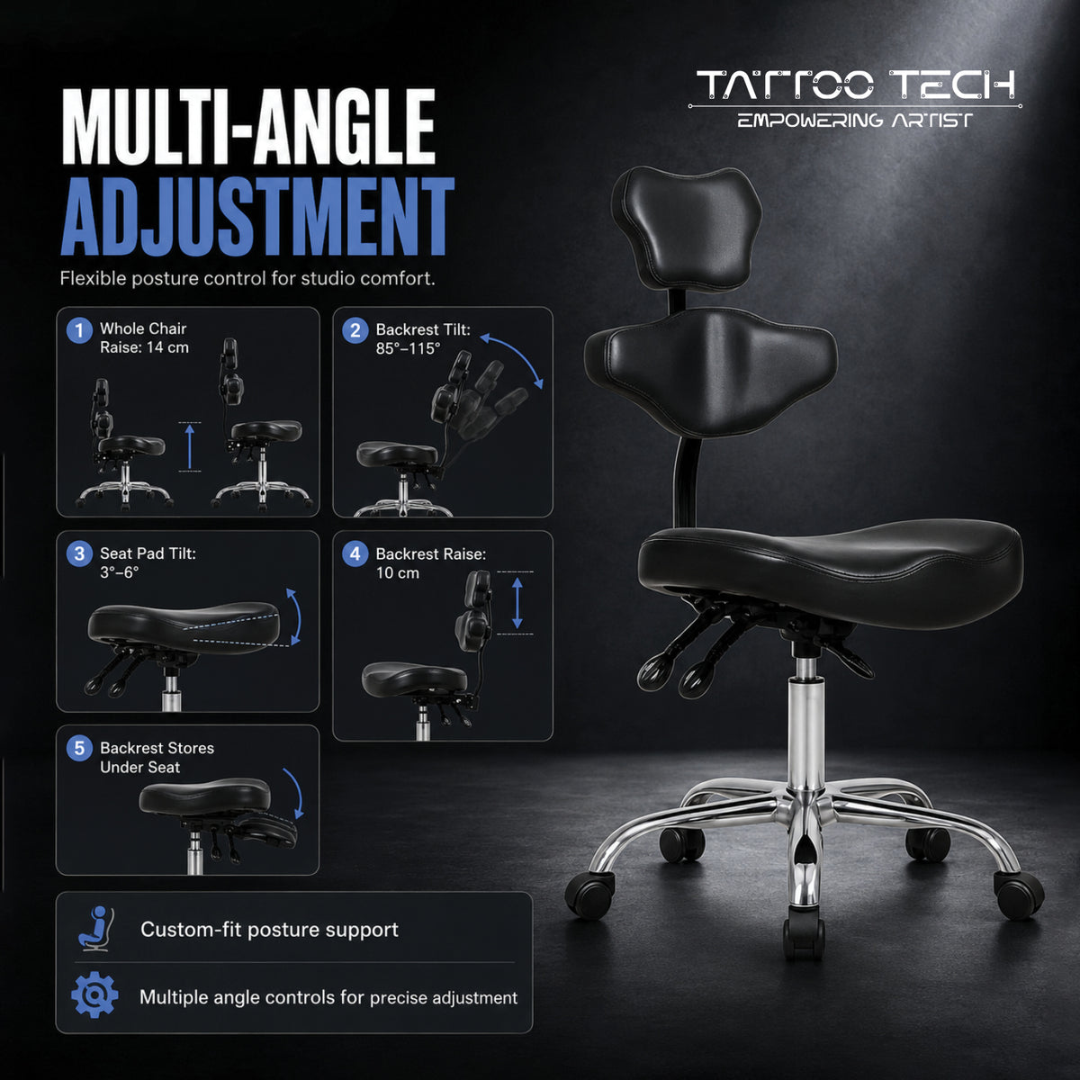 Tattoo Rolling Chair Seat with Back and Head Support 9973