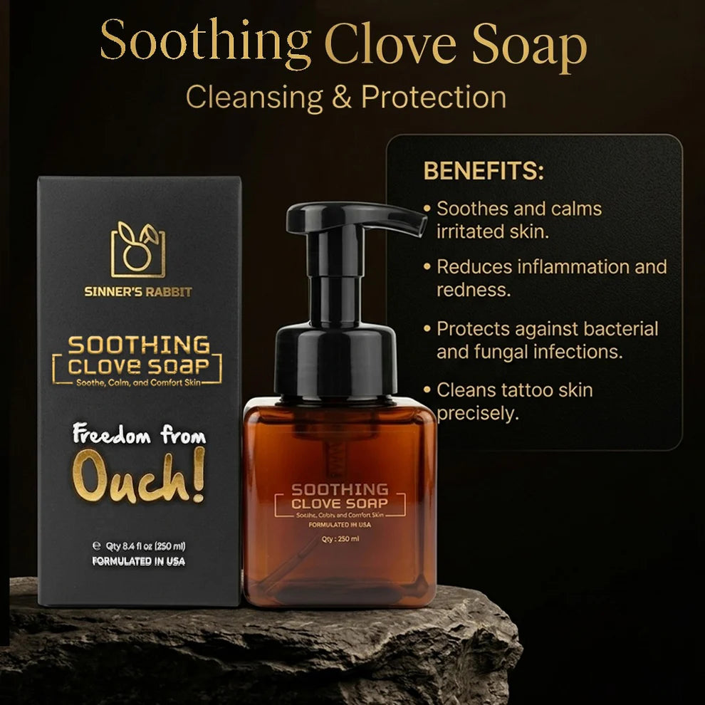 Sinner's Rabbit Soothing Clove Soap packaging with benefits listed on a dark background