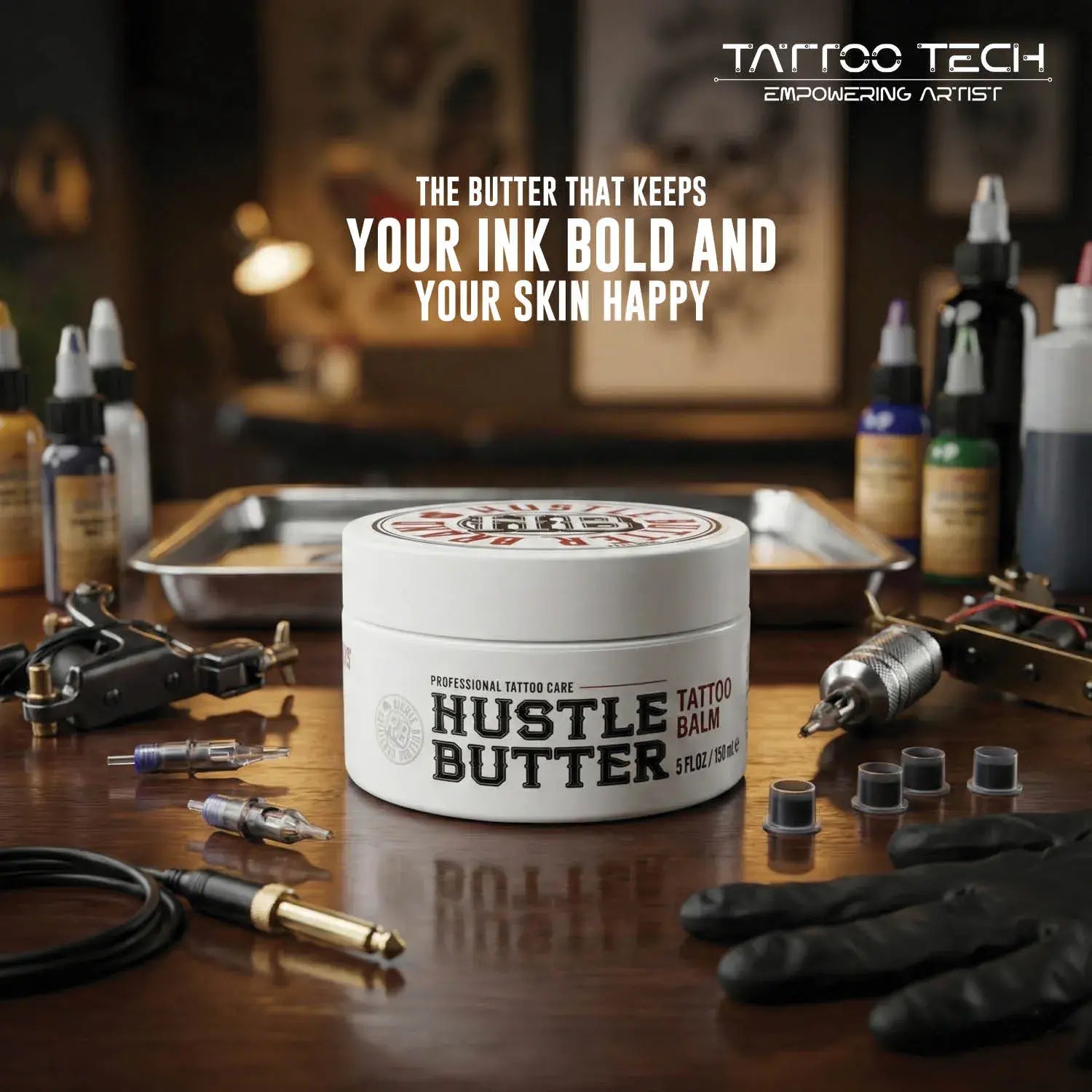 Hustle Tattoo Butter container on a tattoo studio table with tattoo Aftercare Hustle Butter Deluxe equipment.