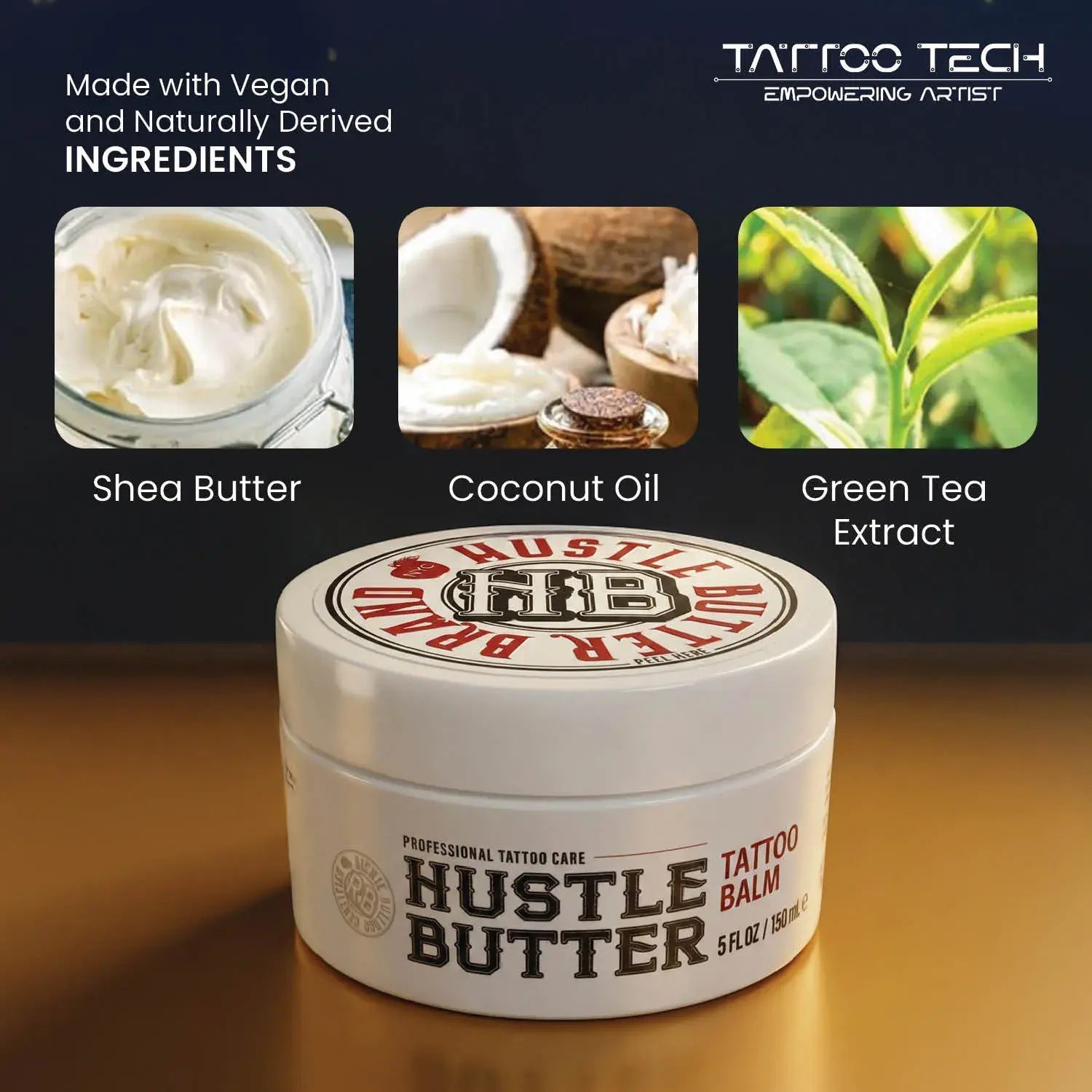 Aftercare Hustle Butter Deluxe  tattoo balm jar with ingredients displayed on a dark background