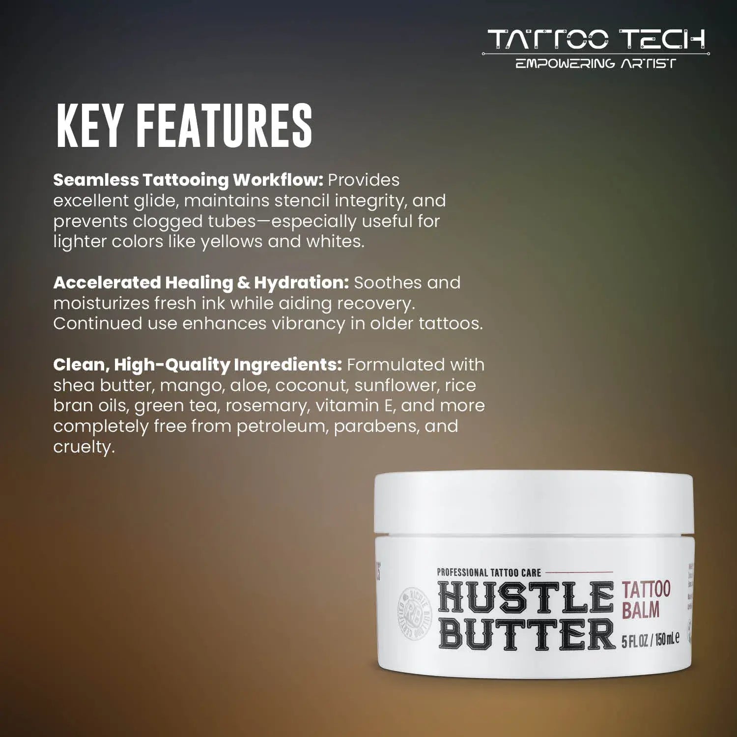 Aftercare Hustle Butter Deluxe container with key features listed on a dark background